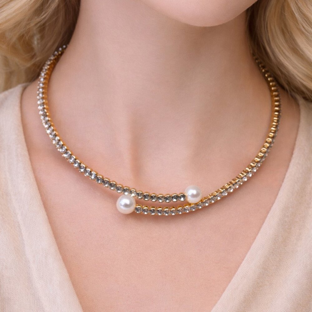 Gold-Tone Rhinestone & Pearl Flexible Collar Necklace